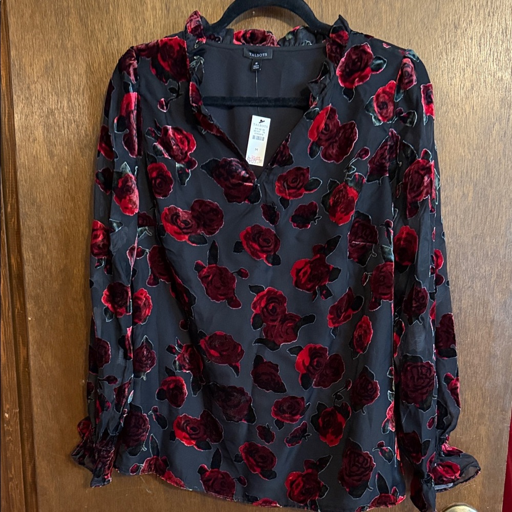 Talbots Black and Deep Red Rose Blouse